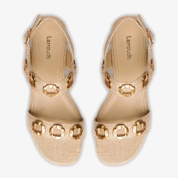 **NIB** Larroude Milan Flat Sandal In Beige Raffia - Picture 1 of 14